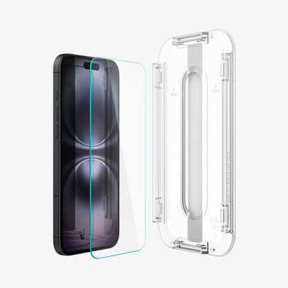 AGL06903 - iPhone 16 GLAS.tR EZ Fit Sensor Protected showing the installation tray in front of the screen protector and the device