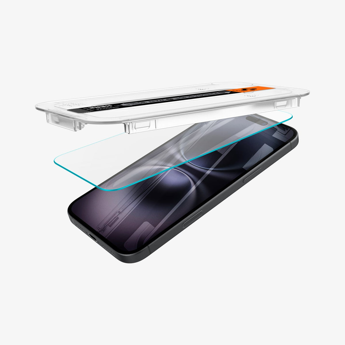 AGL06883 - iPhone 16 Plus GLAS.tR EZ Fit Sensor Protected showing the installation tray partially hovering above the screen protector and the device