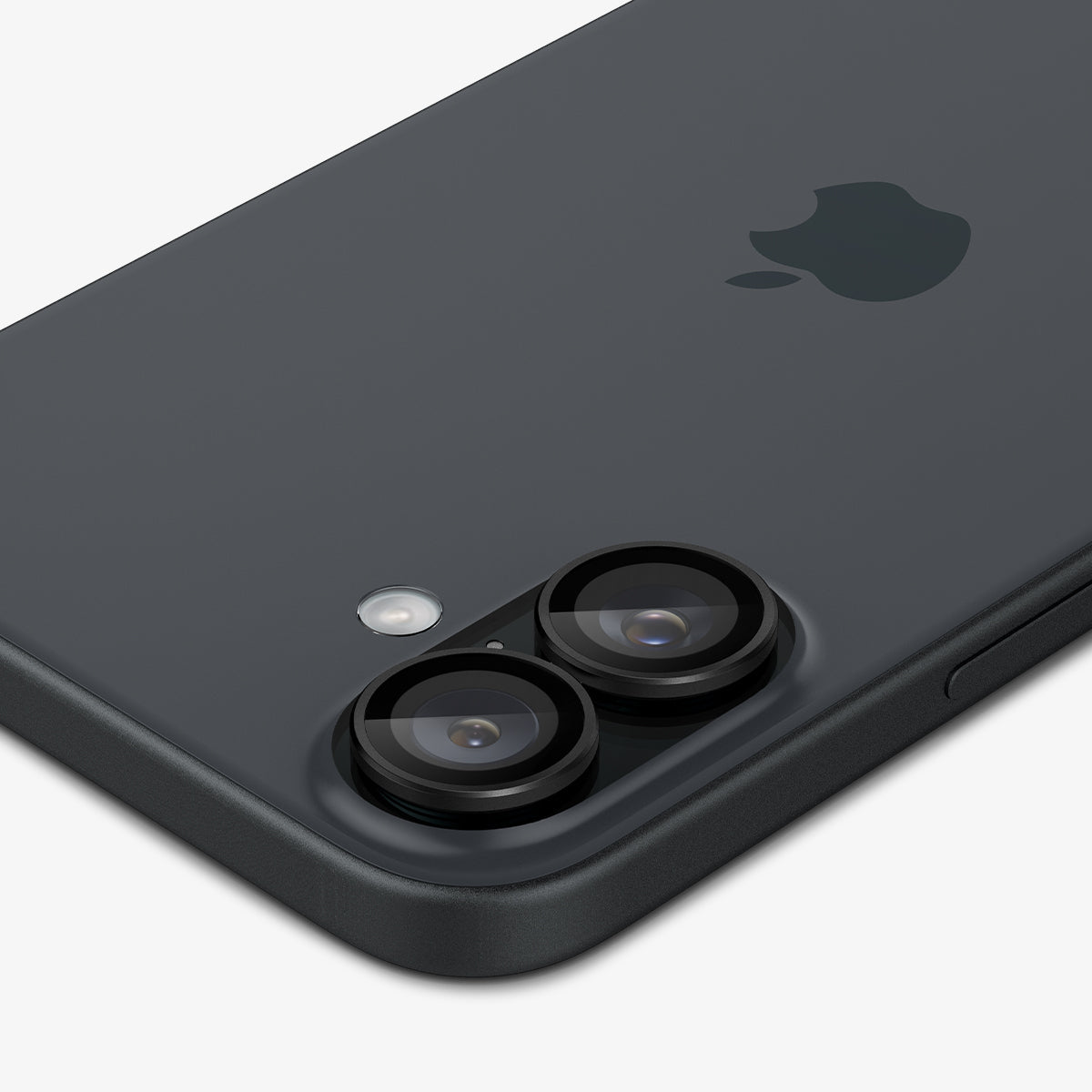 AGL07921 - iPhone 16 Plus / iPhone 16 Optik Pro EZ Fit Lens Protector in Black showing the back, side and top zoomed in on the camera lens