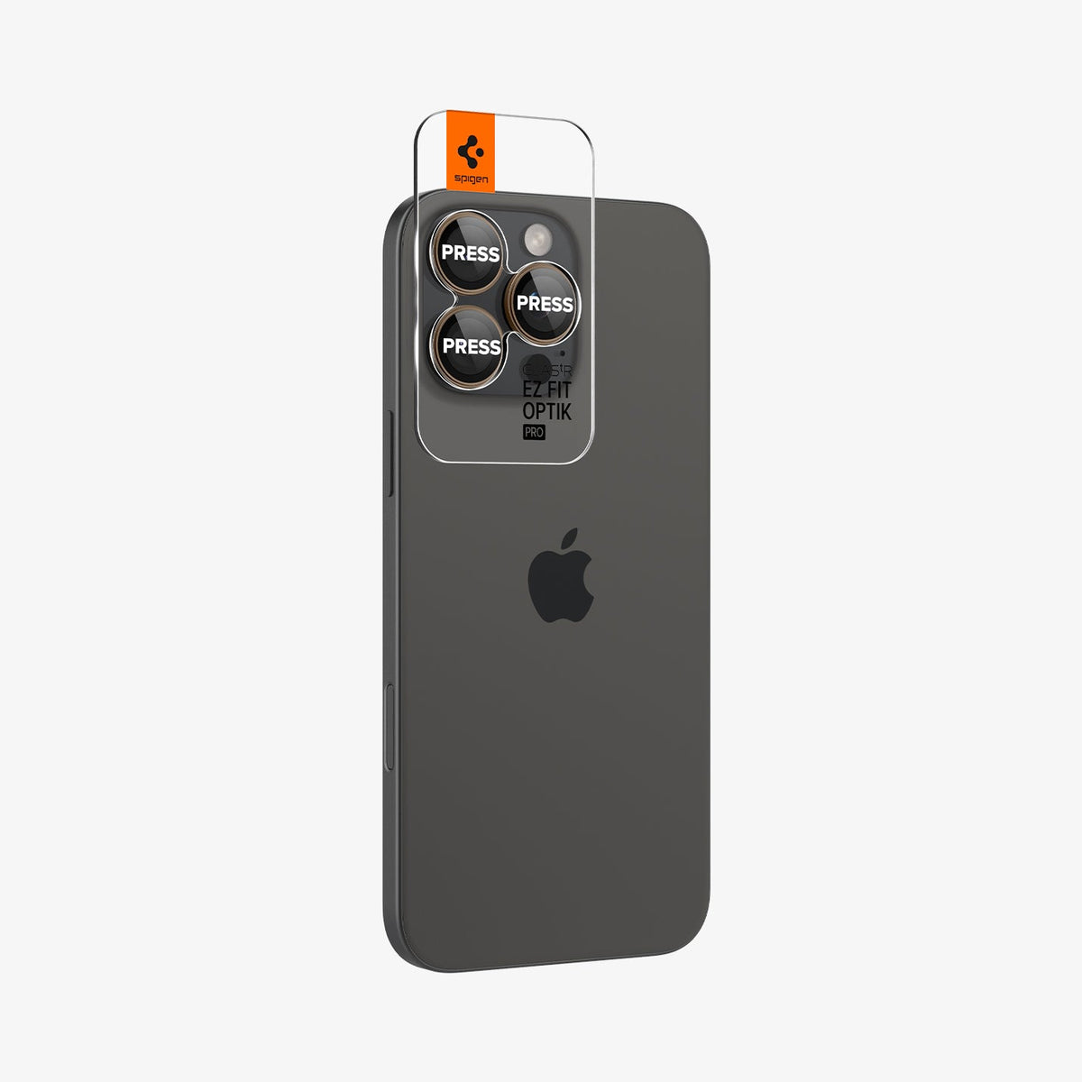 AGL08862 - iPhone 16 Pro Max Optik Pro EZ Fit Lens Protector in Desert Titanium showing the back and partial side with ez fit tray installed onto the camera lens