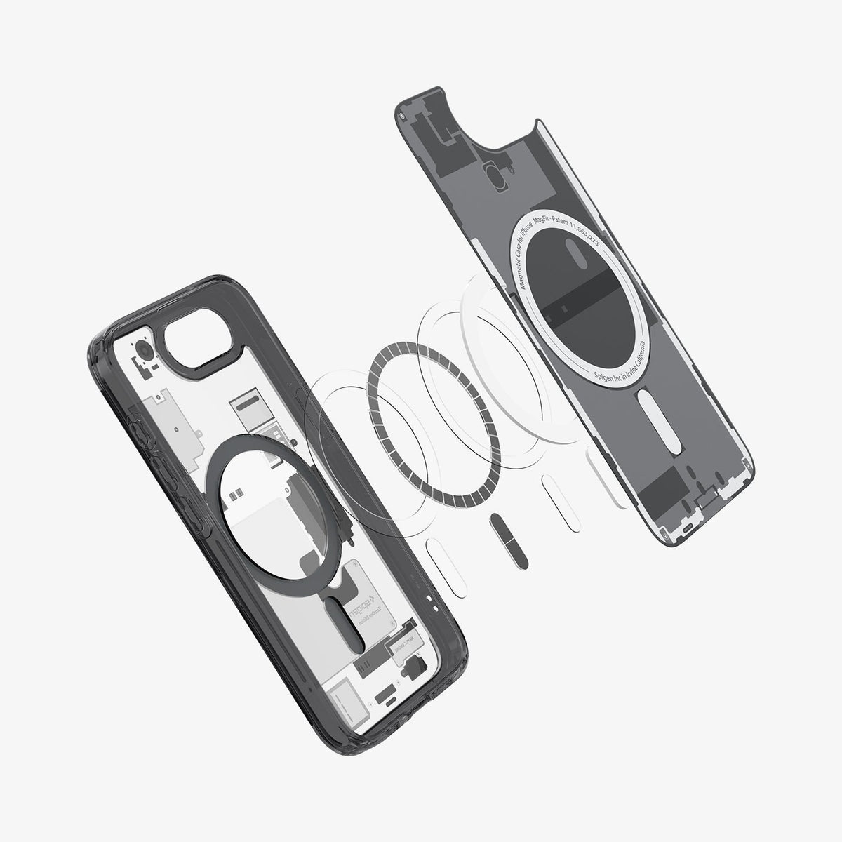 ACS09141 - iPhone 17e Case Ultra Hybrid Zero One (MagFit) in Zero One showing the inner layer hovering in front of the detached metal ring and the case