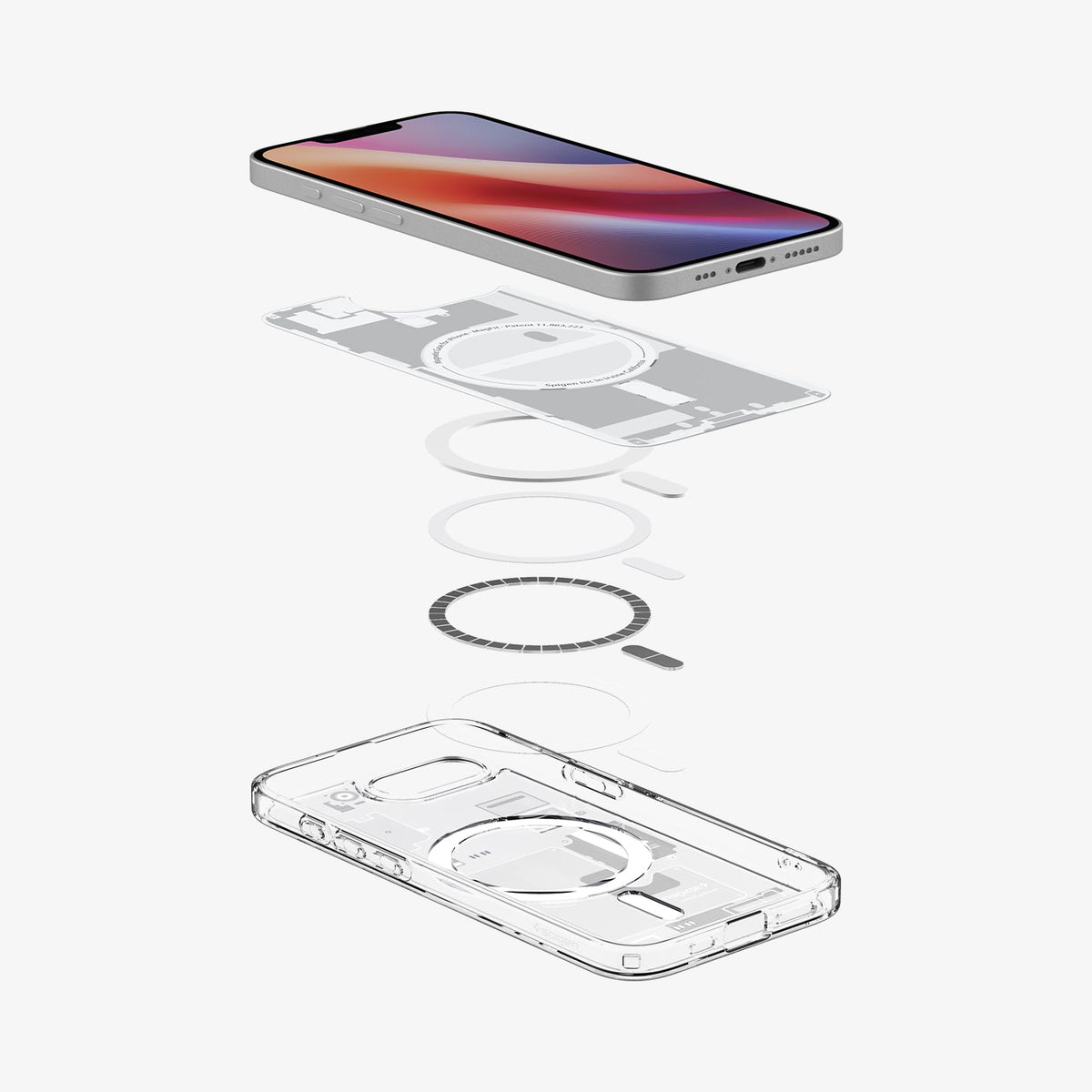 ACS09142 - iPhone 17e Case Ultra Hybrid Zero One (MagFit) in Zero One White showing the device hovering above the detached inner layer, metal ring parts and the case