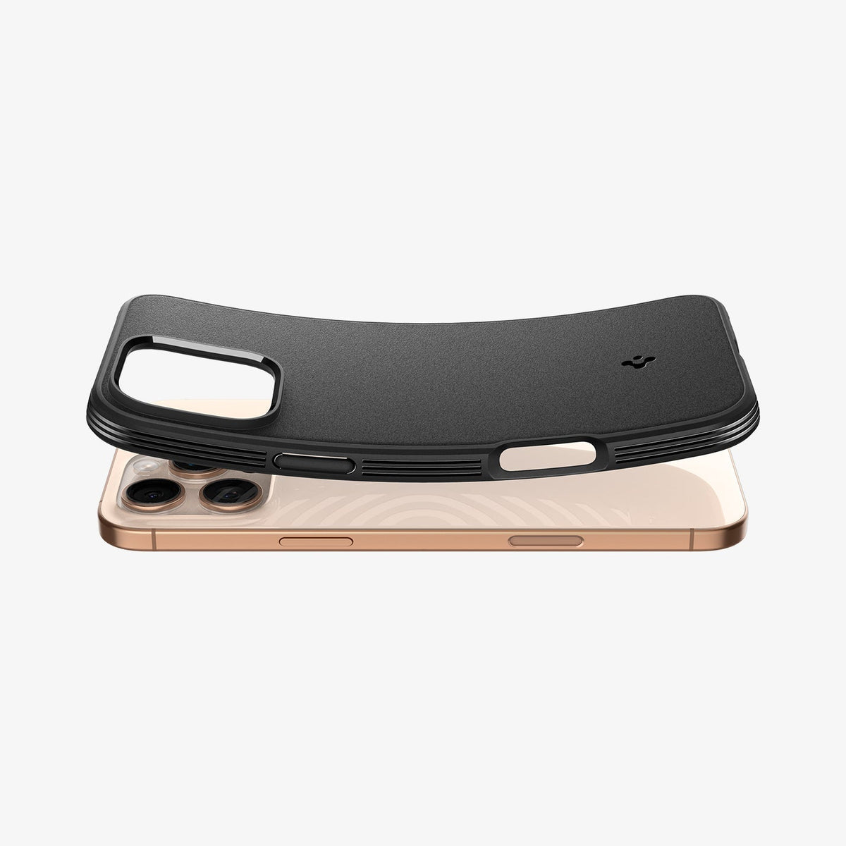 ACS08021 - iPhone 16 Pro Max Sand Blast in Matte Black showing the back and side with case bending away from the device