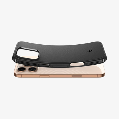 ACS08021 - iPhone 16 Pro Max Sand Blast in Matte Black showing the back and side with case bending away from the device