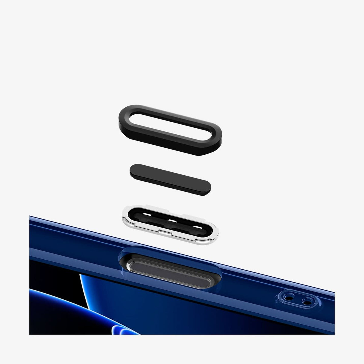 ACS09590 - iPhone 16 Pro Case c11 Series Le Mans Edition (MagFit) in Le Mans showing the detached camera buttons hovering above the case cutout