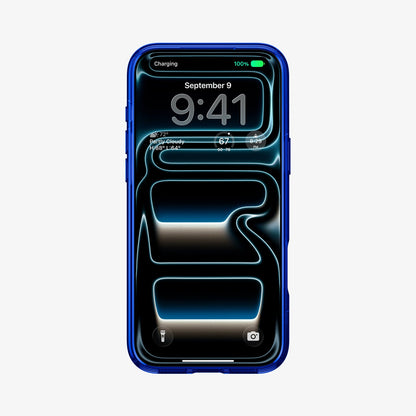 ACS11342 - iPhone 17 Pro Max Arcade case showing front view with screen on and transparent blue frame