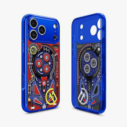 ACS11342 - iPhone 17 Pro Max Arcade case showing front exterior and interior view with pinball-inspired artwork and transparent blue shell