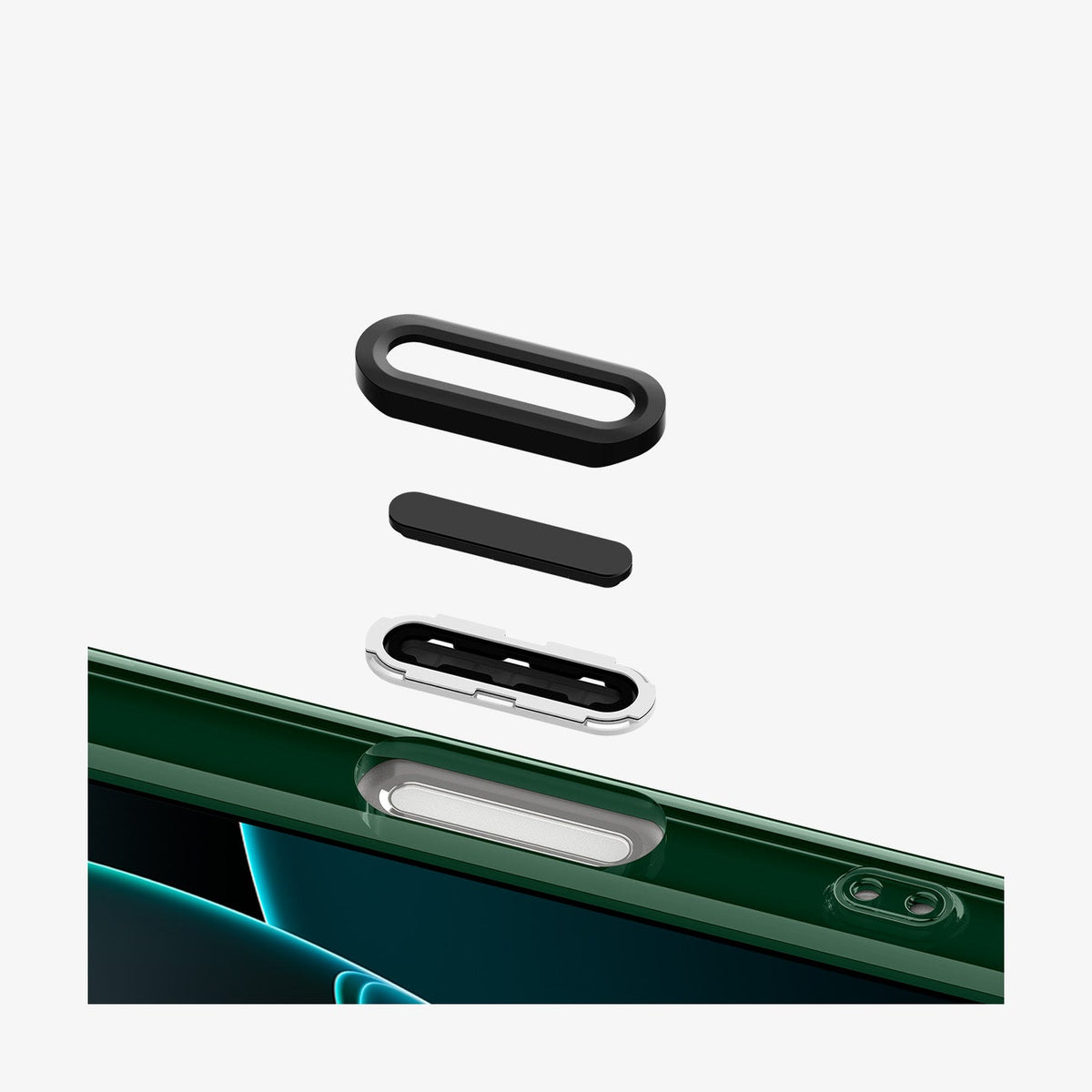 ACS09810 - iPhone 16 Pro Max Case c11 Series Scotsman Fir Edition (MagFit) in Scotsman Fir showing the parts of control button hovering above the camera control cutout