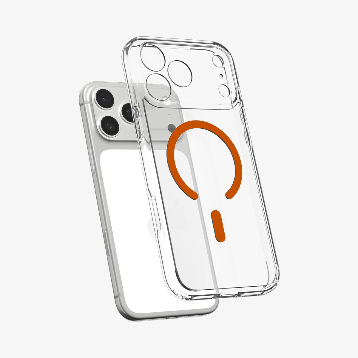 ACS11107 - iPhone 18 Pro Max / iPhone 17 Pro Max Ultra Hybrid (MagFit) in Clear Orange showing the front of layer hovering above the magfit magnet plate and the case