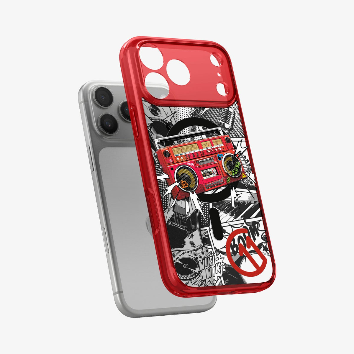 ACS11413 - Spigen C11 Blast iPhone 17 Pro case in Red with boombox graffiti graphic separating from natural titanium iPhone
