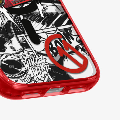 ACS11413 - Spigen C11 Blast iPhone 17 Pro case in Red close-up of boombox graffiti graphic and red bumper corner detail