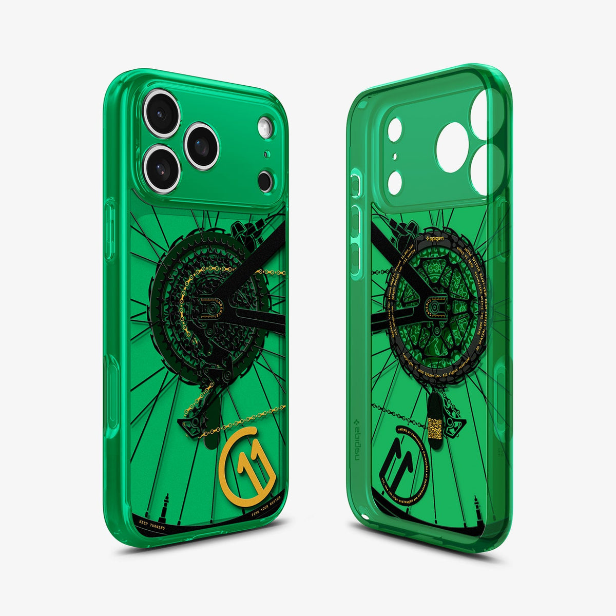 ACS11650 - Spigen Cadence C11 case for iPhone 17 Pro Max series in green with bicycle gear graphic, front and back view