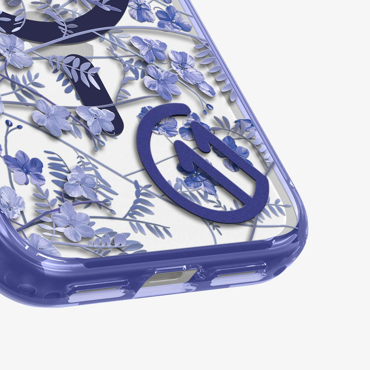 ACS11473 - Close-up of Spigen C11 Cobalt Spring case bottom corner showing detailed blue floral botanical print and MagSafe ring