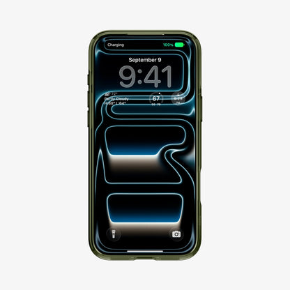 ACS12049 - Front view of iPhone 17 Pro Max in Spigen Phantom C11 olive green case showing lock screen