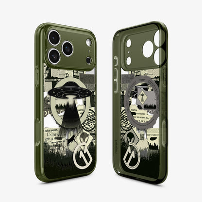 ACS12050 - Spigen Phantom C11 olive green iPhone 17 Pro case with UFO and conspiracy newspaper collage graphic, front and back view