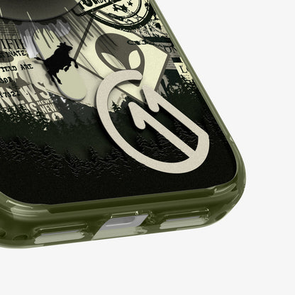 ACS12050 - Close-up of Spigen Phantom C11 case bottom corner showing alien and forest graphic detail and logo