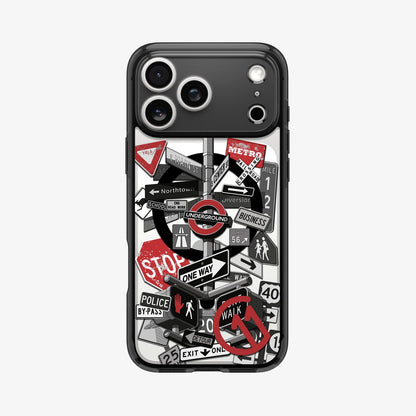 ACS11842 - Spigen Signal C11 iPhone 17 Pro case showing the Spigen Signal C11 case flat back view with street sign collage graphic around camera cutout