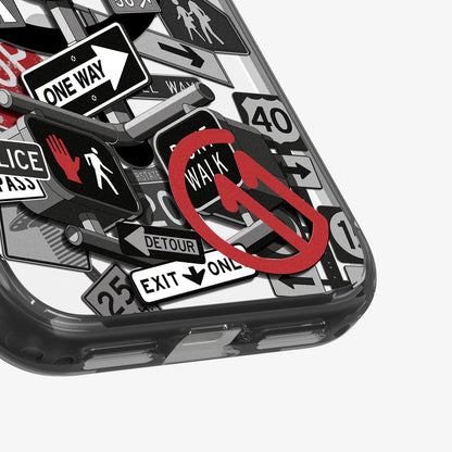 ACS11842 - Spigen Signal C11 iPhone 17 Pro case showing a close-up of the Spigen Signal C11 case bottom corner with Police, Detour, and Don't Walk sign graphics