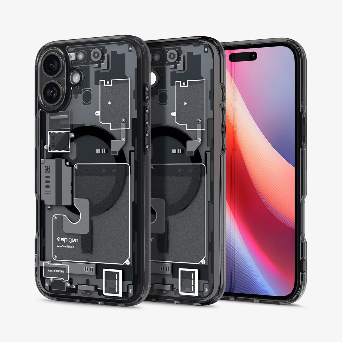 ACS08208 - iPhone 16 Case Ultra Hybrid Zero One (MagFit) in Zero One showing the back, partial inner, partial front and sides of 3 cases aligned with each other