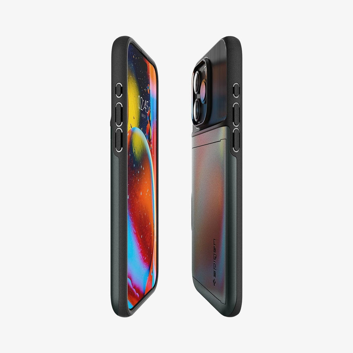 ACS06731 - iPhone 15 Pro Case Slim Armor CS in abyss green showing the sides, partial front and back