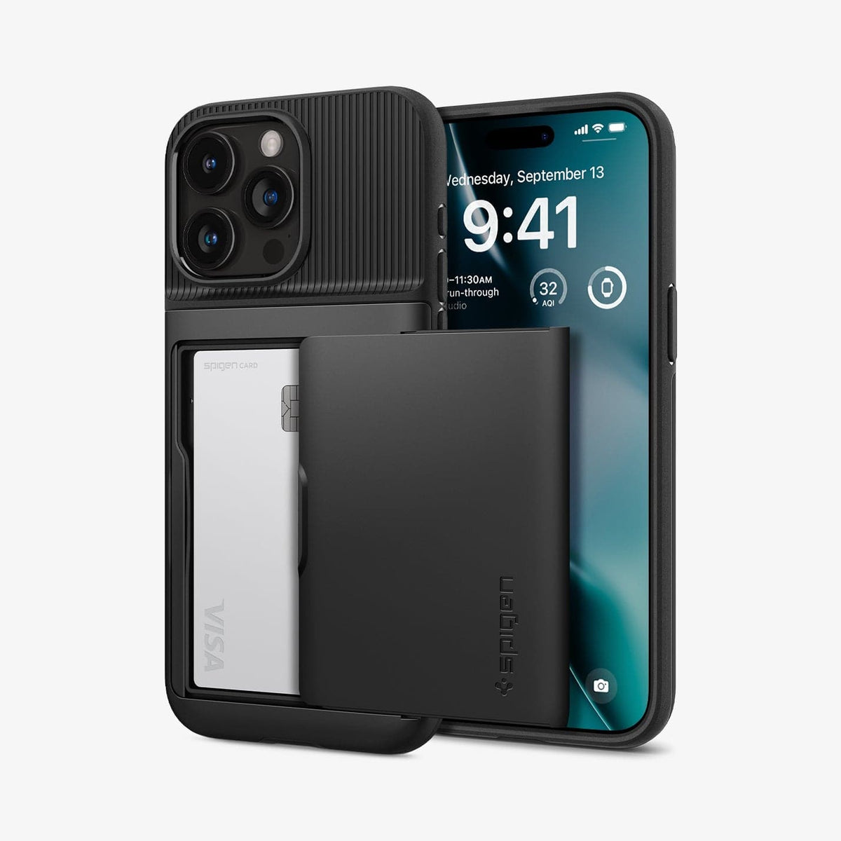 ACS06728 - iPhone 15 Pro Case Slim Armor CS in black showing the back and front with card in slot