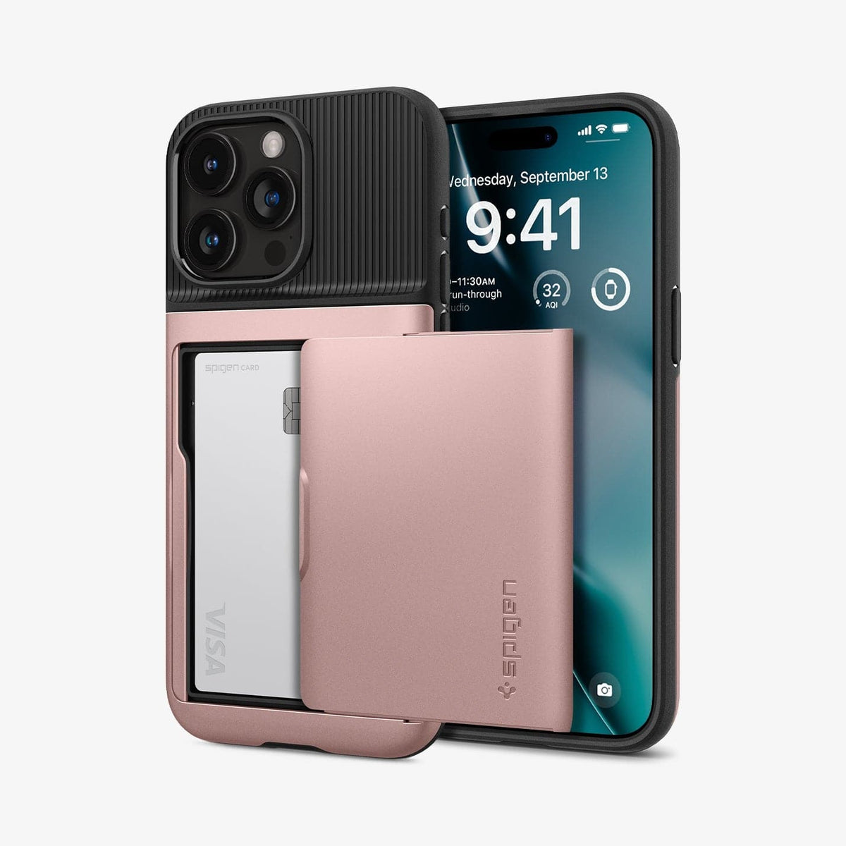 ACS06729 - iPhone 15 Pro Case Slim Armor CS in rose gold showing the back and front with card in slot