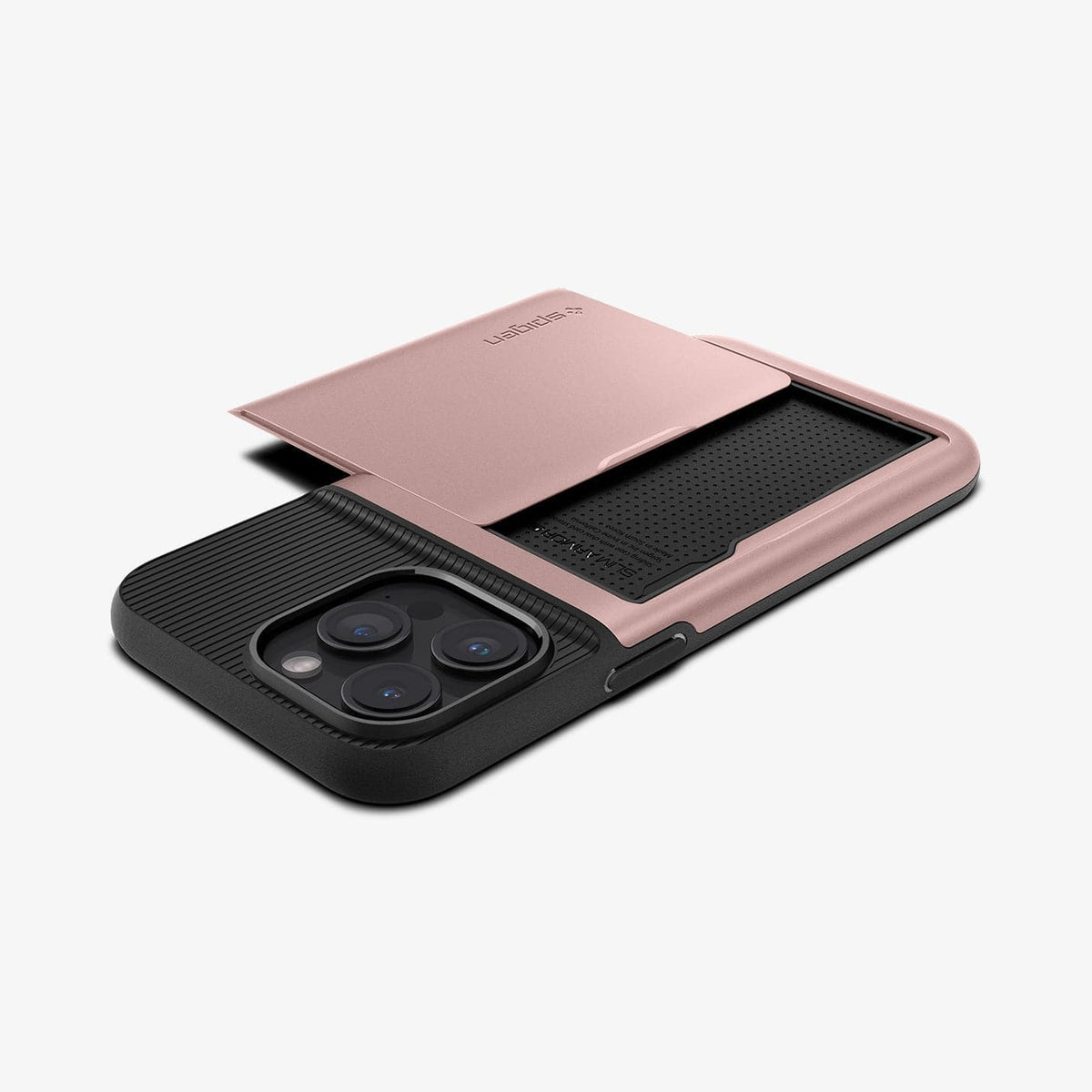 ACS06729 - iPhone 15 Pro Case Slim Armor CS in rose gold showing the back, side and top with card slot open