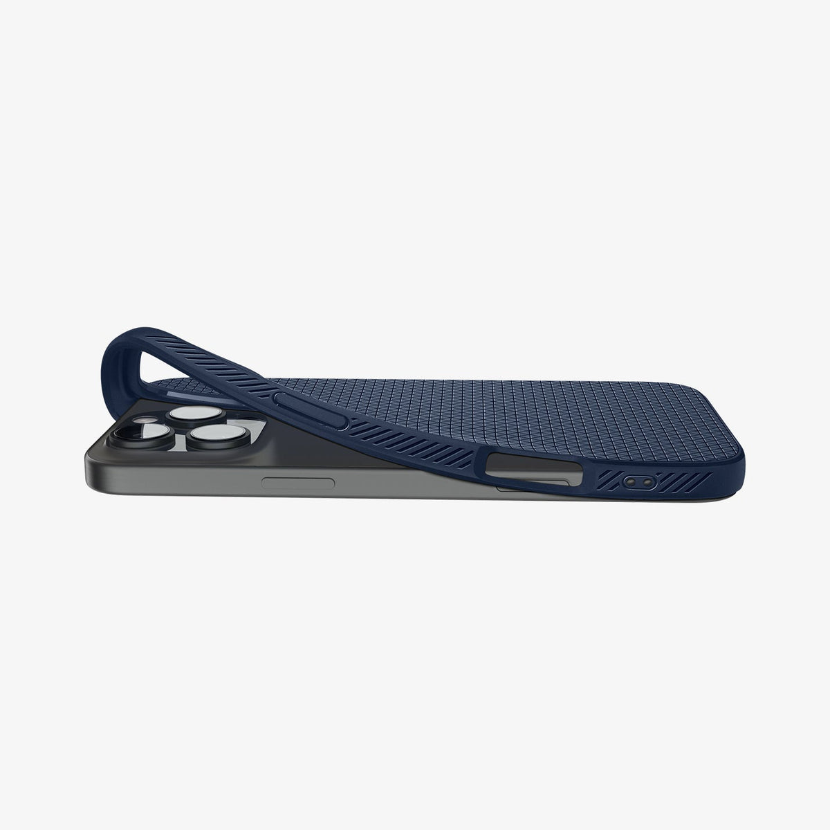 ACS07989 - iPhone 16 Pro Max Case Liquid Air in Navy Blue showing the back, partially peeled off from the device on a flat