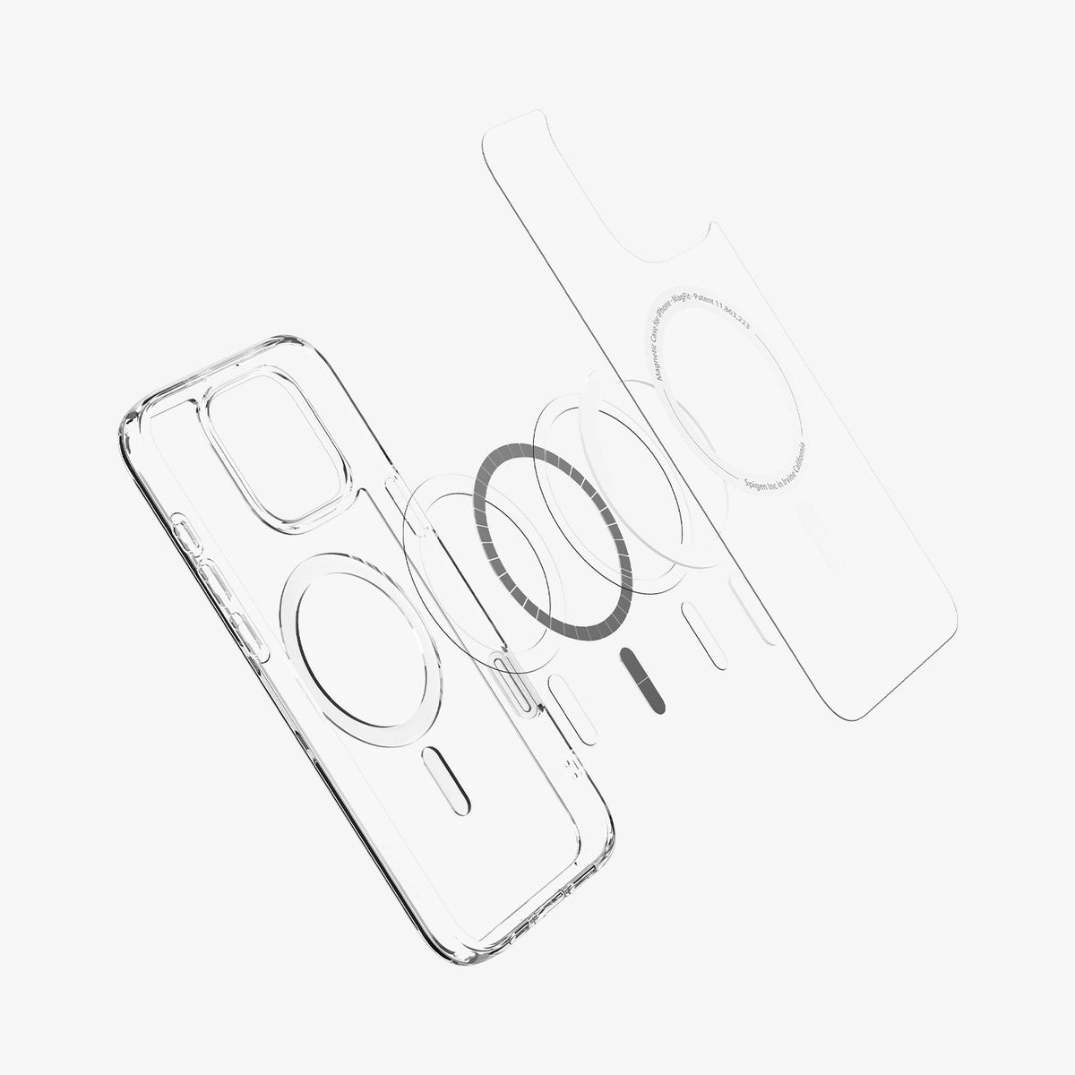 ACS08506 - iPhone 16 Pro Max Case Ultra Hybrid T (MagFit) in Graphite showing the inner layer hovering above the detached metal ring plate and the back case