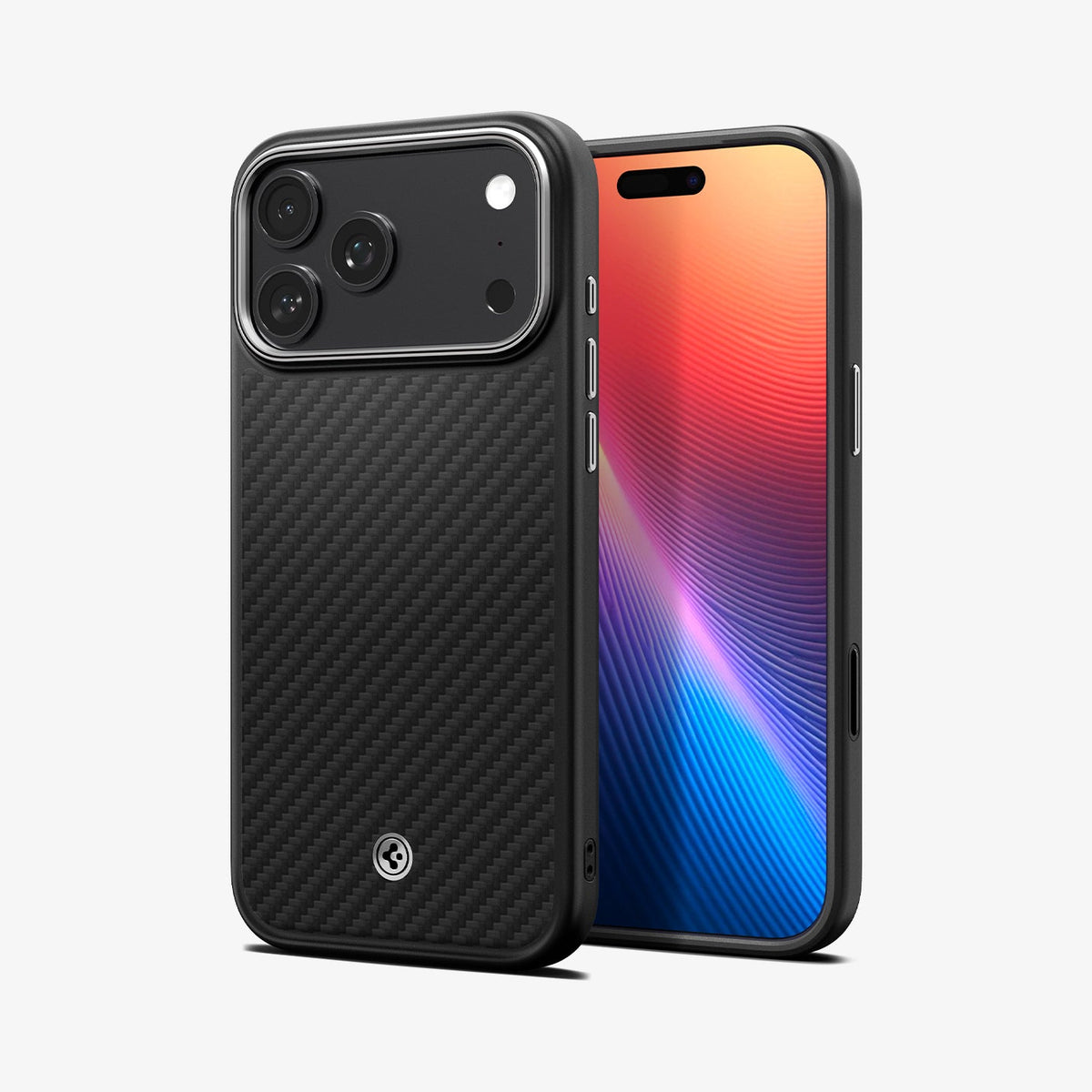 ACS09905 - iPhone 18 Pro Max / iPhone 17 Pro Max Enzo Aramid T (Mag Fit) Black Silver showing front and back views highlighting the slim profile, textured finish, and precise button cutouts