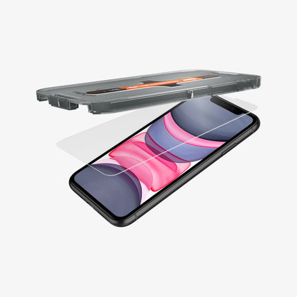 064GL25166 - iPhone 11 Screen Protector GLAS.tR EZ Fit showing the ez fit tray and screen protector being installed onto device