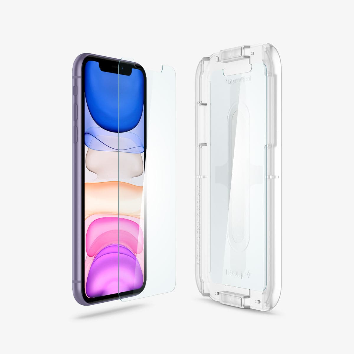 064GL25166 - iPhone XR Screen Protector GLAS.tR EZ Fit showing the ez fit tray and screen protector hovering in front of device