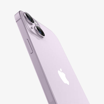 AGL05603 - iPhone 14 / 14 Plus Optik Pro Lens Protector in purple showing the back and partial side zoomed in on camera lens