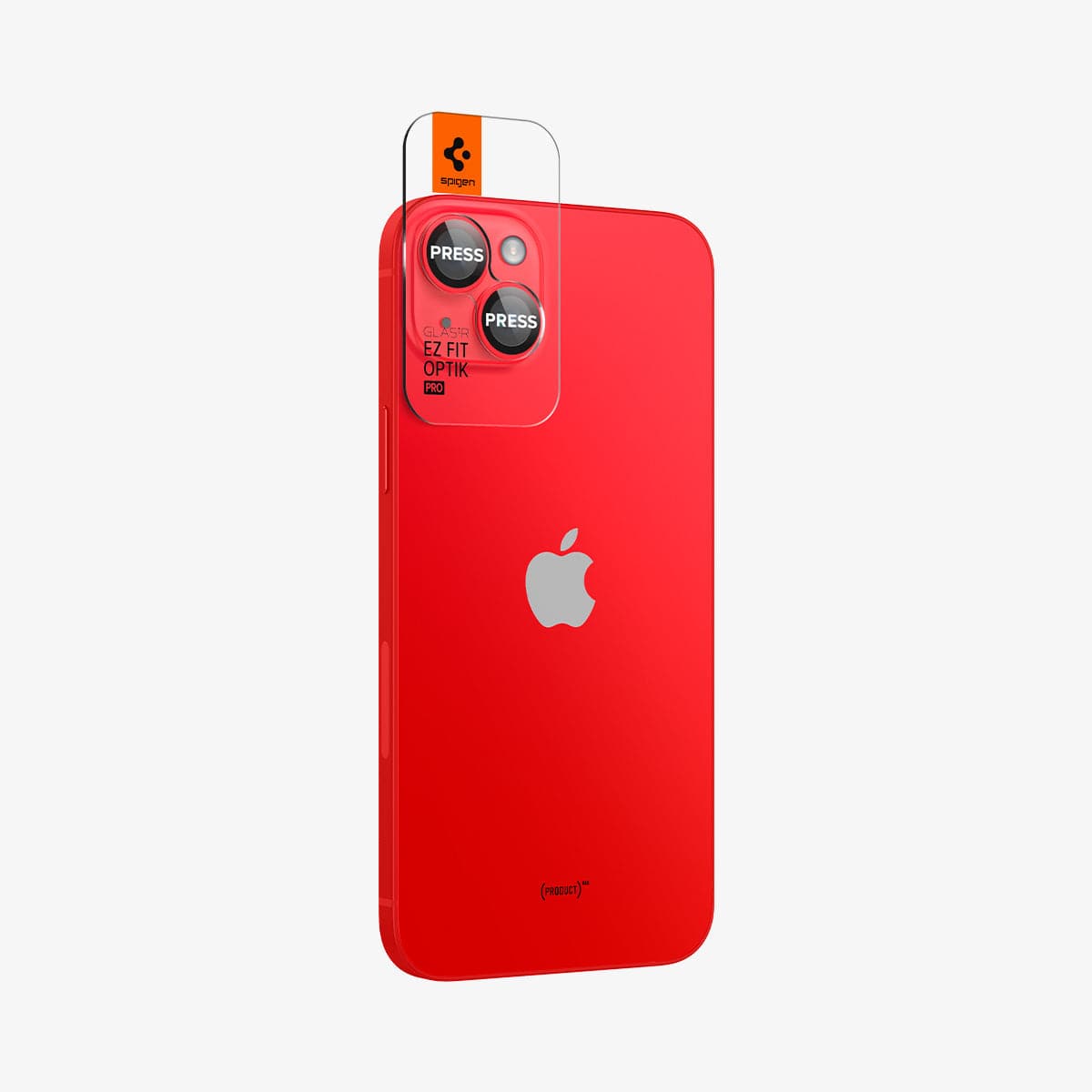 AGL05605 - iPhone 14 / 14 Plus Optik Pro Lens Protector in red showing the back and partial side with ez fit installed on camera lens