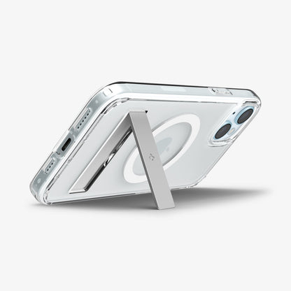 ACS06665 - iPhone 15 Plus Case Ultra Hybrid S (MagFit) in crystal clear showing the back with device propped up by built in kickstand