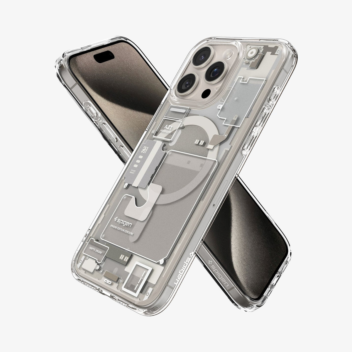 ACS07216 - iPhone 15 Pro Case Ultra Hybrid Zero One (MagFit) in Zero One Natural Titanium showing the back, partial side behind it, partial front and partial side