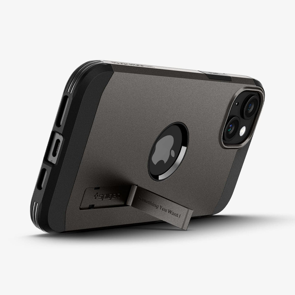 ACS06810 - iPhone 15 Case Tough Armor (MagFit) in gunmetal showing the back with device propped up by built in kickstand