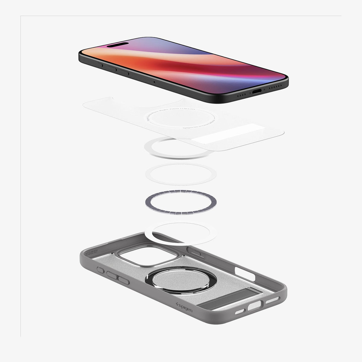 ACS08378 - iPhone 16 Pro Max Case Ultra Hybrid S (MagFit) in Frost Gray showing the device hovering above detached part of the back cover, magnet ring plate and back cover showing inner side