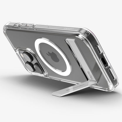 ACS08142 - iPhone 16 Pro Case Ultra Hybrid S (MagFit) in Crystal Clear showing the back, partial sides and bottom, propped up with a built-in kickstand