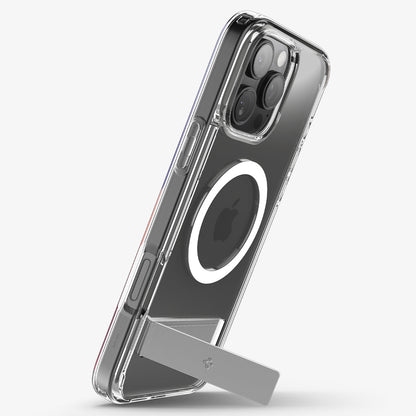 ACS08009 - iPhone 16 Pro Max Case Ultra Hybrid S (MagFit) in Crystal Clear showing the back, partial side propped up with a built-in kickstand in portrait style