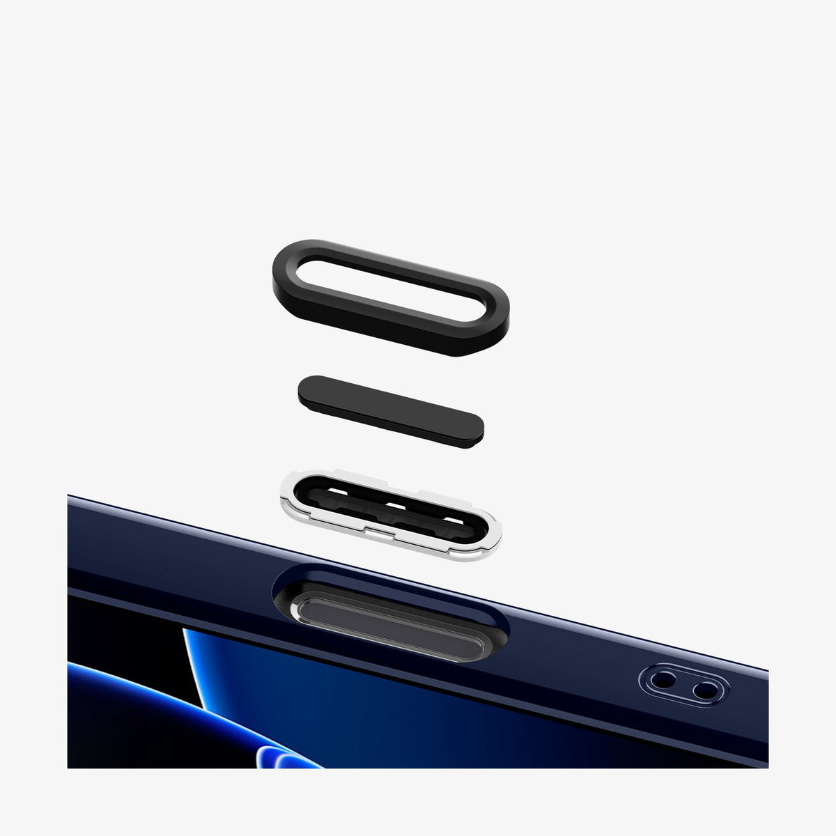 ACS09320 - iPhone 16 Pro Case c11 Series Fearless Edition (MagFit) in Fearless showing the detached parts of buttons hovering above the button cutout