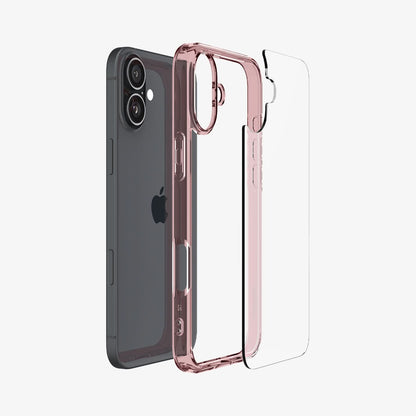 ACS08198 - iPhone 16 Case Ultra Hybrid in Rose Crystal showing the back, detached from the frame of the case aligned with the device