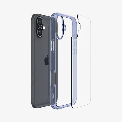 ACS08204 - iPhone 16 Case Ultra Hybrid in Sky Crystal showing the back, detached from the frame of the case aligned with the device