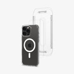 ACS08141 - iPhone 16 Pro Max Case Ultra Hybrid Pack (MagFit) in White showing the partial back of the installation tray hovering in front of the screen protector and the device