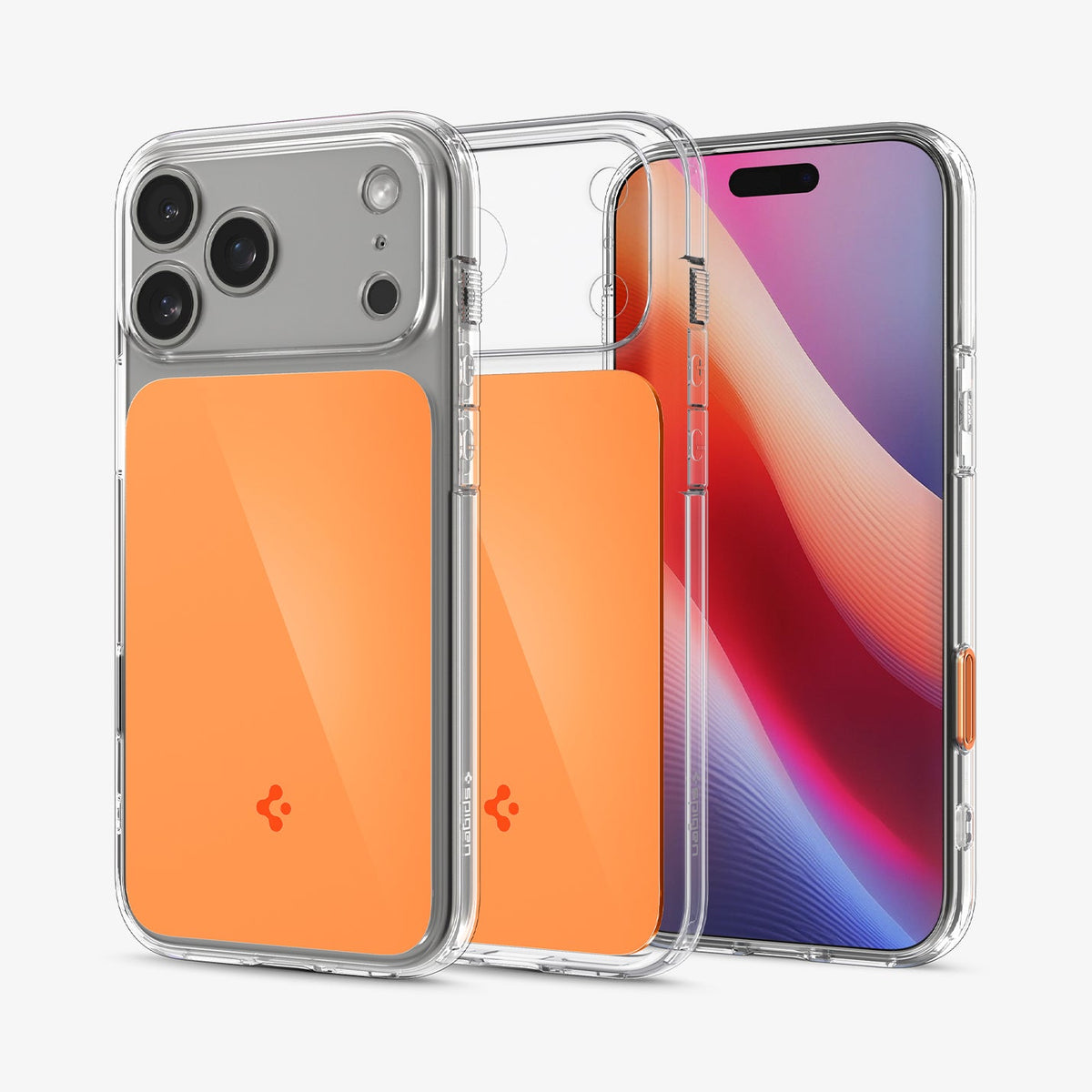 ACS10471 - iPhone 18 Pro / iPhone 17 Pro Ultra Hybrid T (Mag Fit) in Glossy Orange showing the back, front and inside