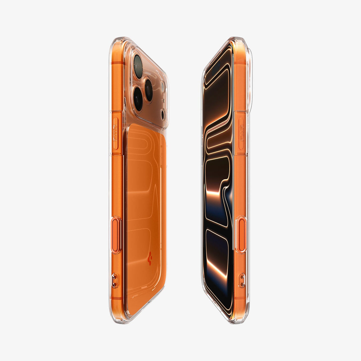 ACS10468 - iPhone 18 Pro Max / iPhone 17 Pro Max Ultra Hybrid T (Mag Fit) in Glossy Orange showing the partial back, partial front, and sides
