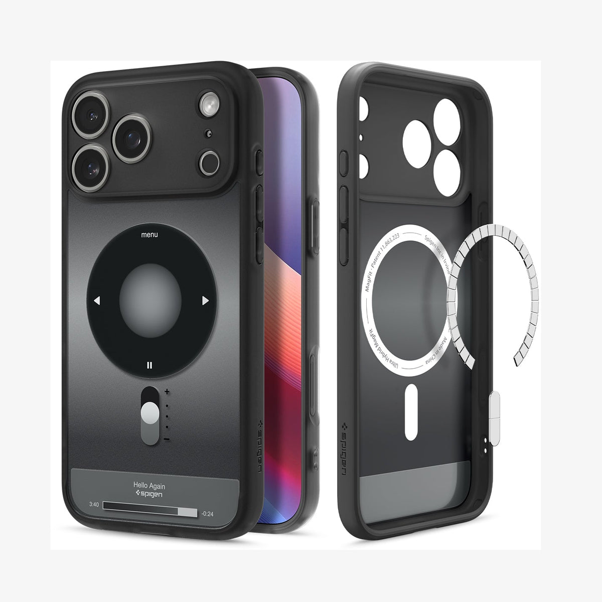 ACS10045 - iPhone 17 Pro Max Case Ultra Hybrid Classic (MagFit) in Classic Black showing the back, partial front, and inner while detached magnet is hovering in front of the case