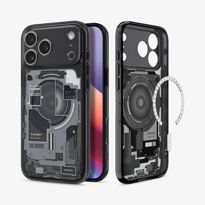 ACS10042 - iPhone 18 Pro Max / iPhone 17 Pro Max Ultra Hybrid Zero One (MagFit) Black showing front and back angled views with transparent protection and a teardown-inspired design