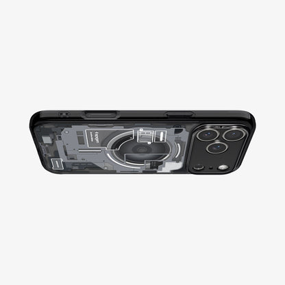 ACS10042 - iPhone 18 Pro Max / iPhone 17 Pro Max Ultra Hybrid Zero One (MagFit) Black showing the clear case from a horizontal angle with detailed schematic graphics and camera protection