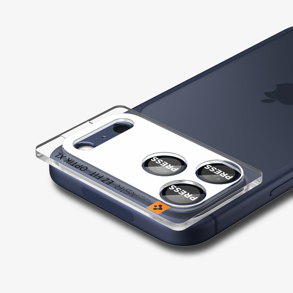 AGL10651 - iPhone 17 Pro Max Optik Pro XL EZ Fit Lens Protector in blue showing the back, partial side and top with lens screen protector tray attached